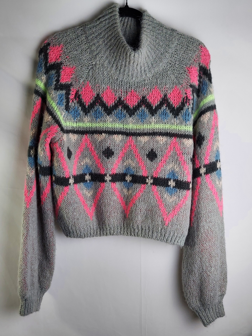 Hollister Gray Turtleneck Sweater with Pink and Neon Accents